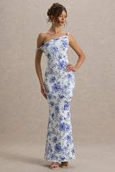 Blue Floral Twisted Asymmetric Maxi Dress